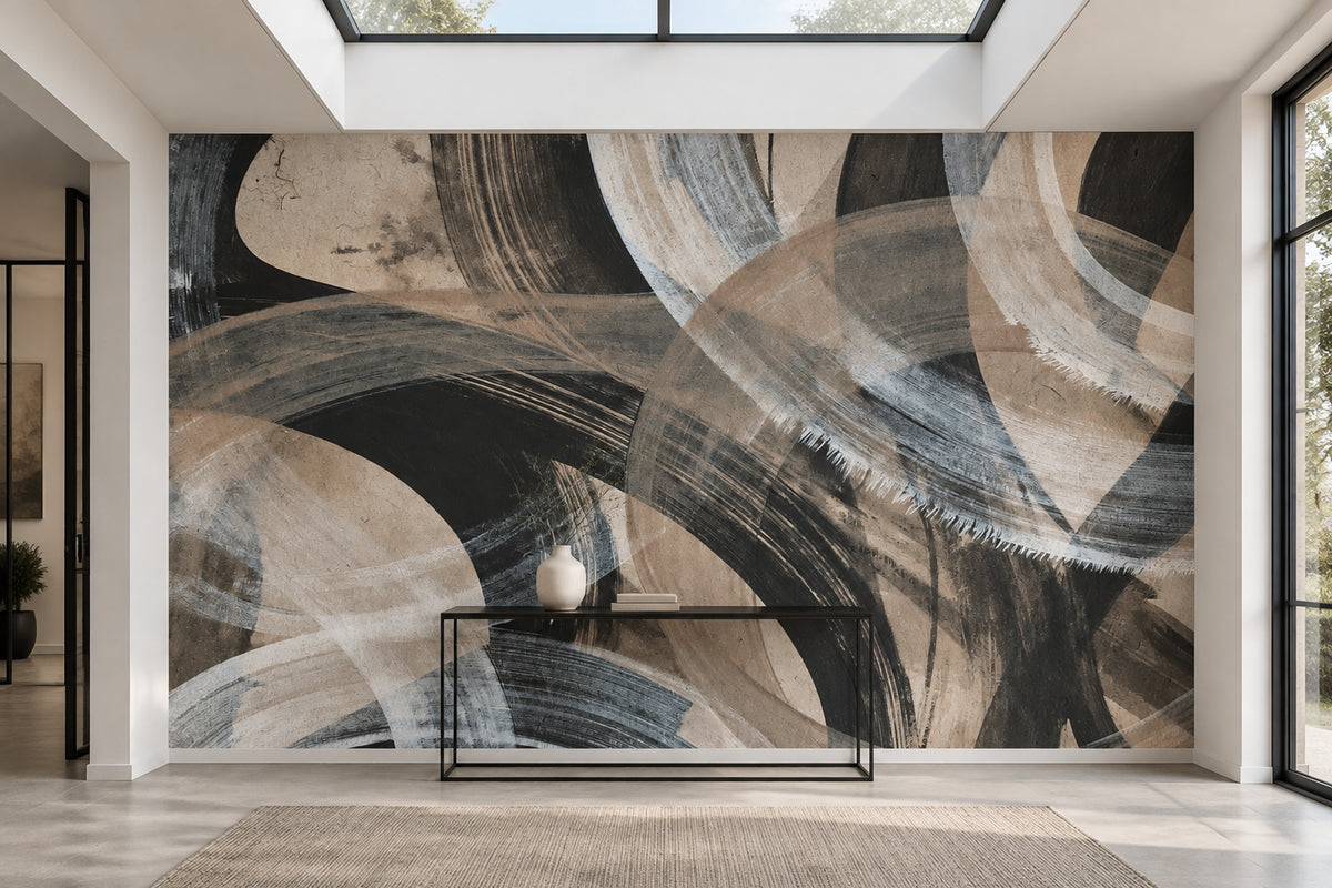 Abstract Arc Brushstroke Wallpaper Charcoal Taupe Wall Mural