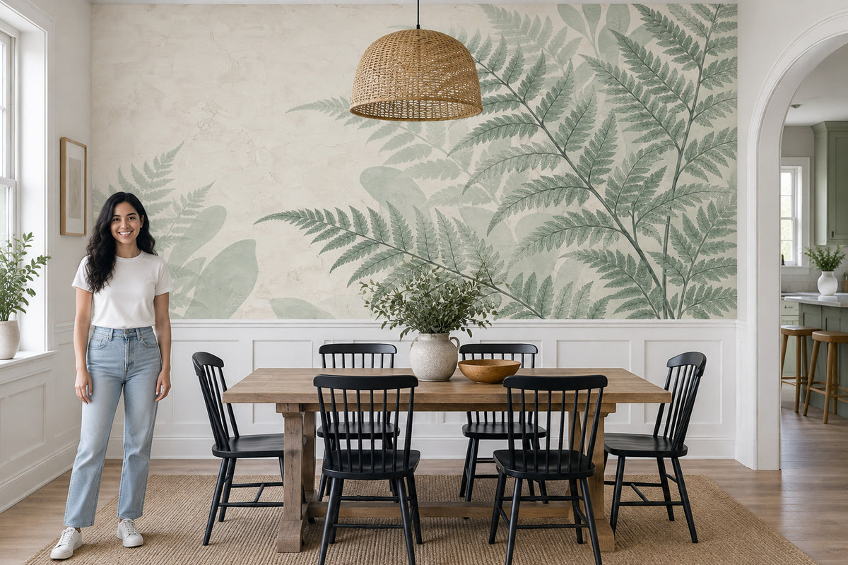 Sage Green Fern Wallpaper Textured Botanical Wall Mural