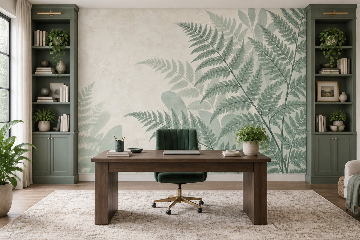 Sage Green Fern Wallpaper Textured Botanical Wall Mural