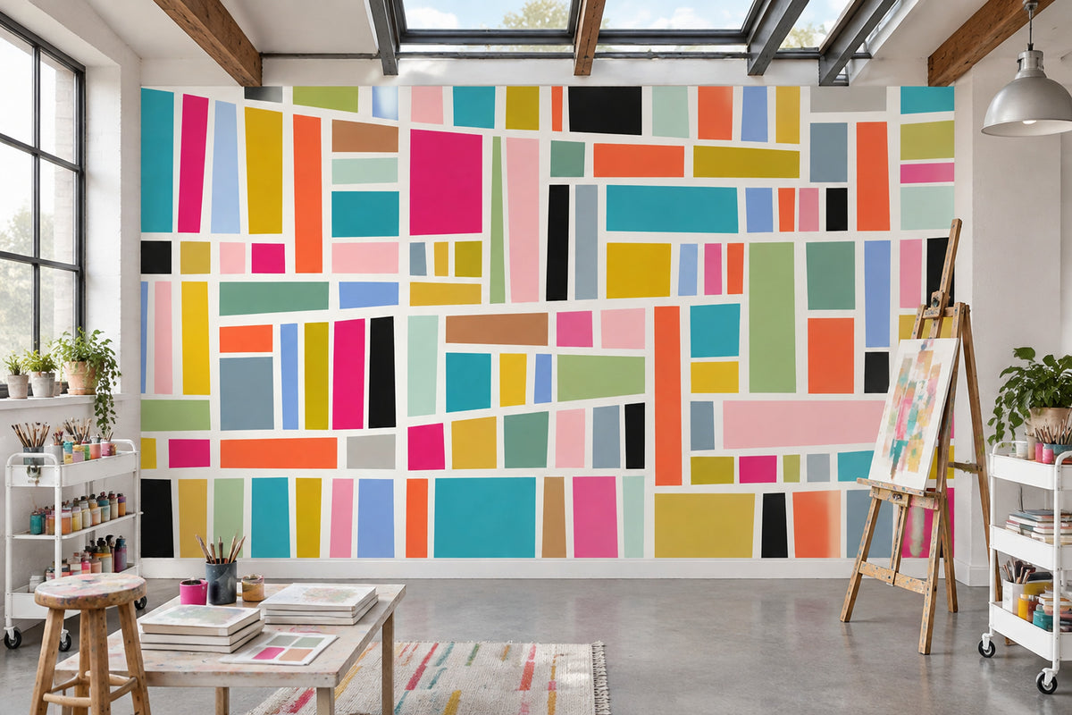 Color Block Grid Wallpaper Mid Century Modern Wall Mural