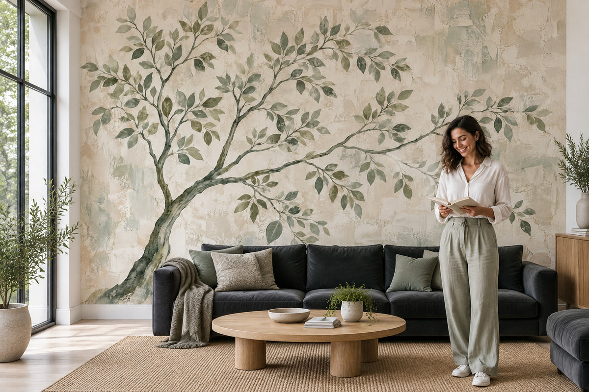 Watercolor Tree Branches Wallpaper Textured Plaster Wall Mural
