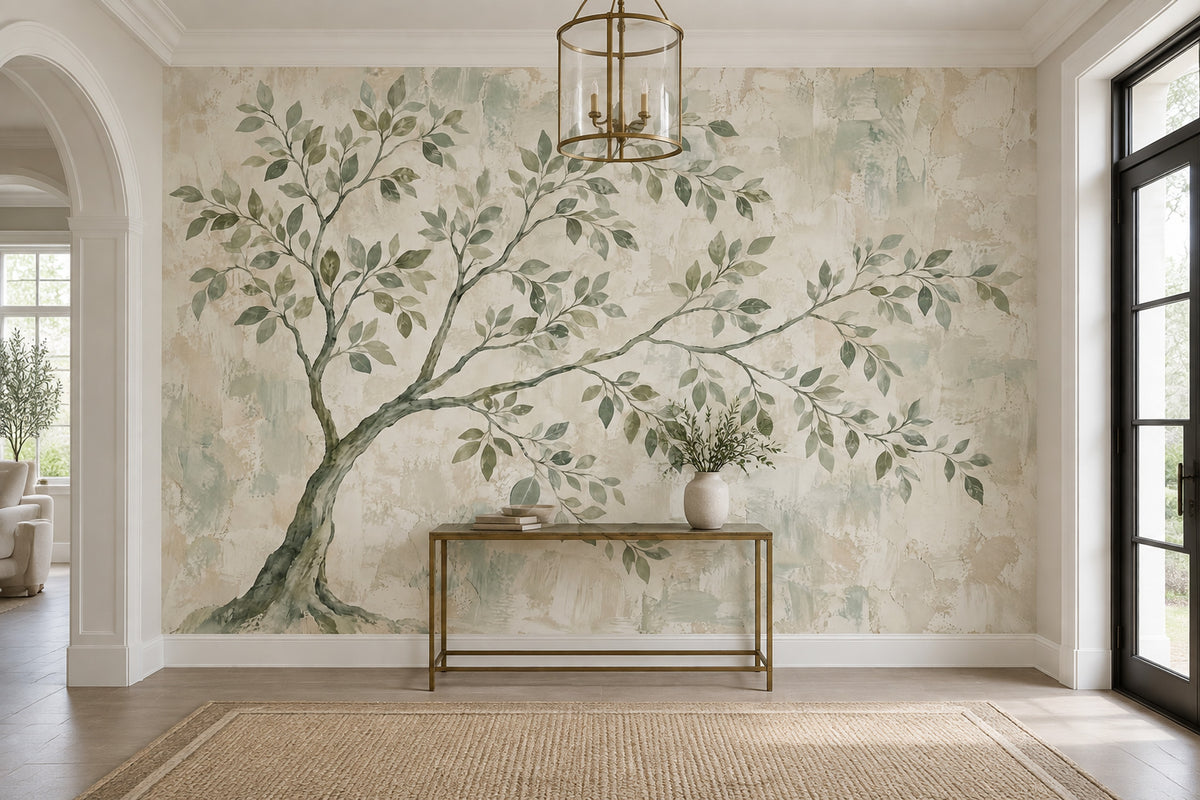 Watercolor Tree Branches Wallpaper Textured Plaster Wall Mural