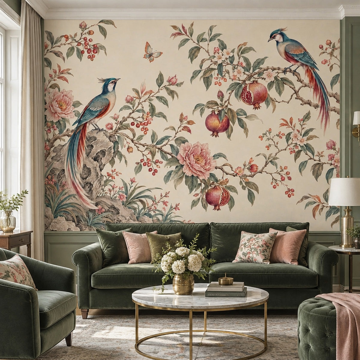Chinoiserie Birds And Peonies Wallpaper Cream Background Wall Mural