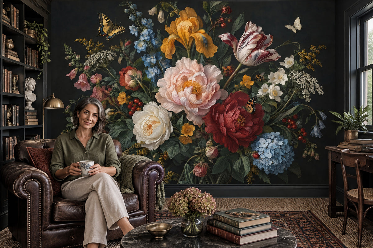 Dark Floral Bouquet Wallpaper Vintage Botanical Wall Mural