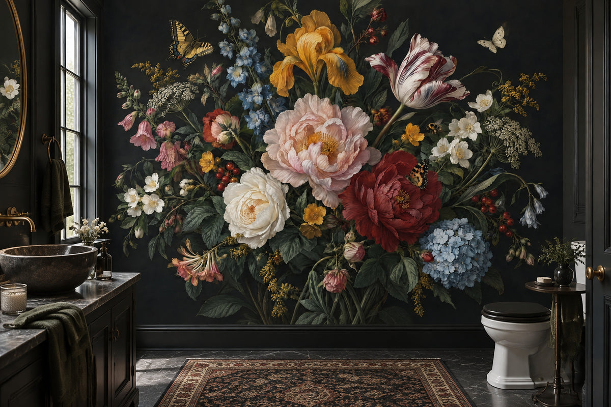 Dark Floral Bouquet Wallpaper Vintage Botanical Wall Mural