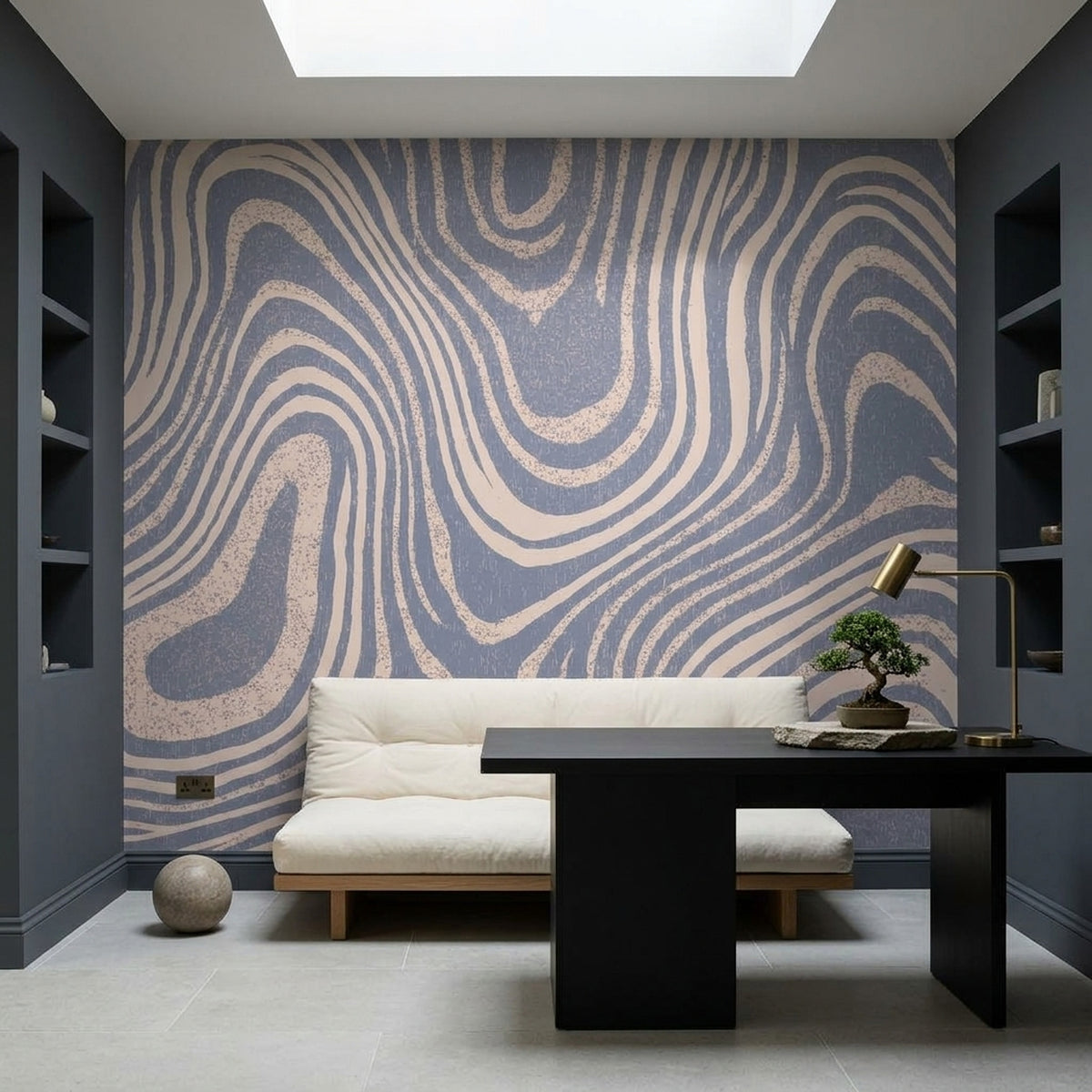 Abstract Topographic Contour Lines Wallpaper Textured Blue Cream Wall Mural