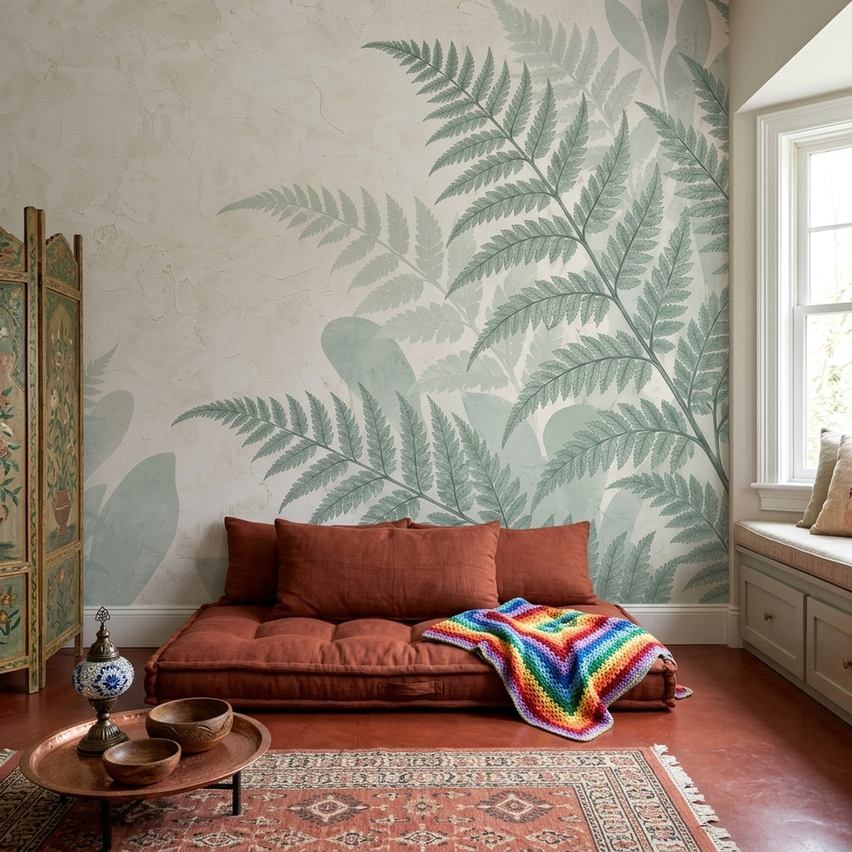 Sage Green Fern Wallpaper Textured Botanical Wall Mural