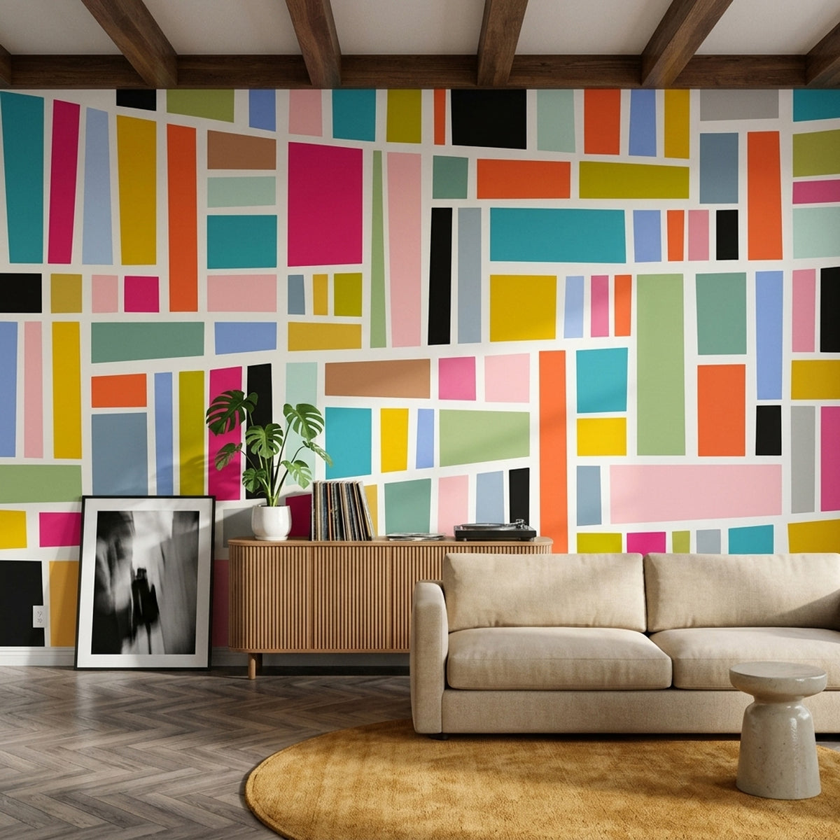 Color Block Grid Wallpaper Mid Century Modern Wall Mural