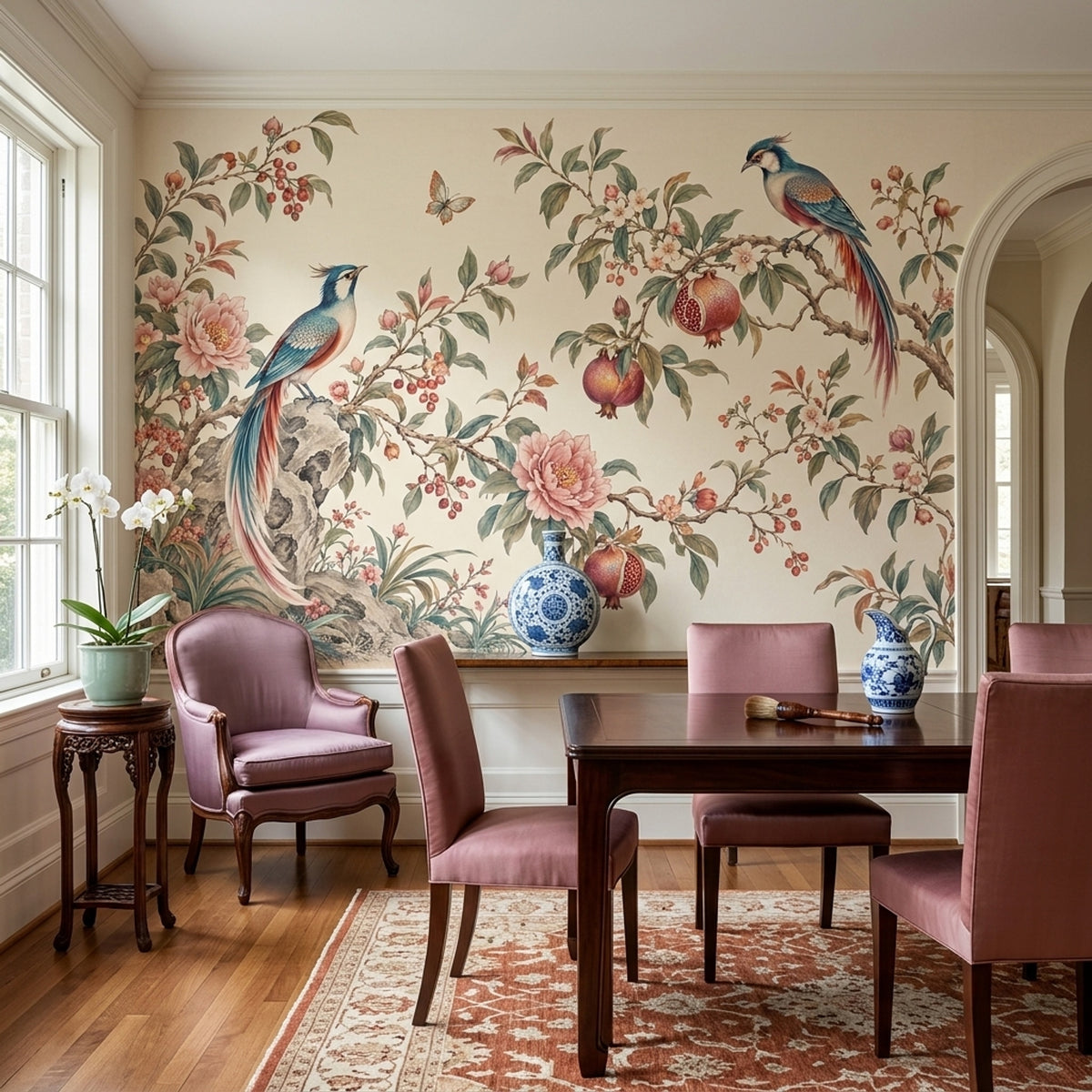 Chinoiserie Birds And Peonies Wallpaper Cream Background Wall Mural
