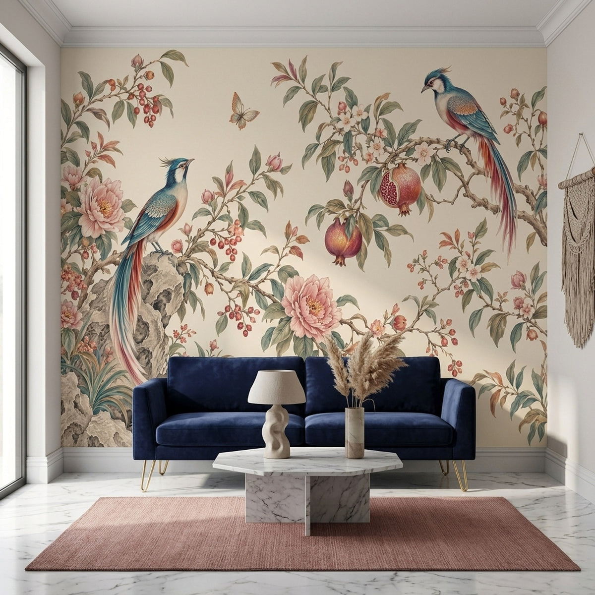 Chinoiserie Birds And Peonies Wallpaper Cream Background Wall Mural