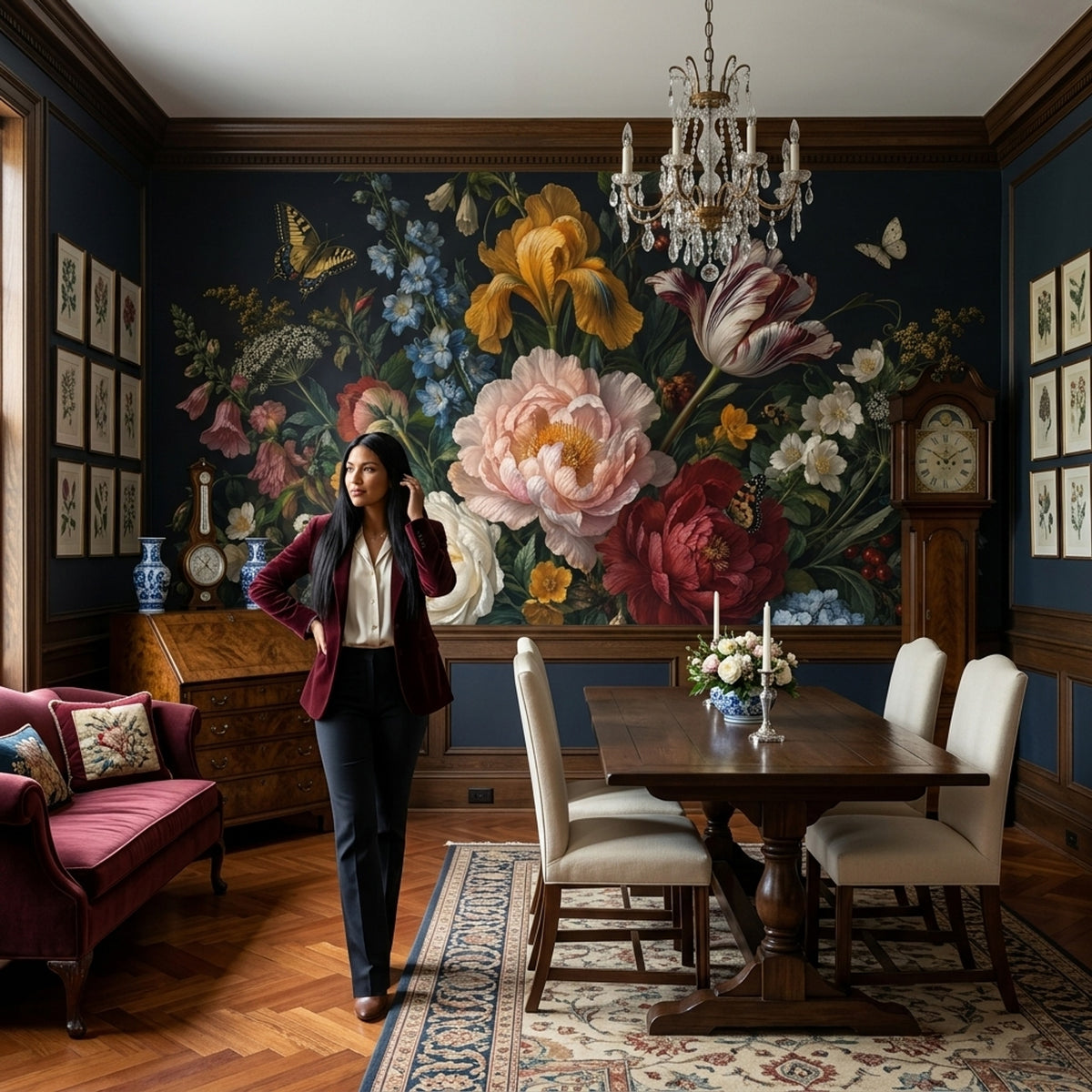 Dark Floral Bouquet Wallpaper Vintage Botanical Wall Mural