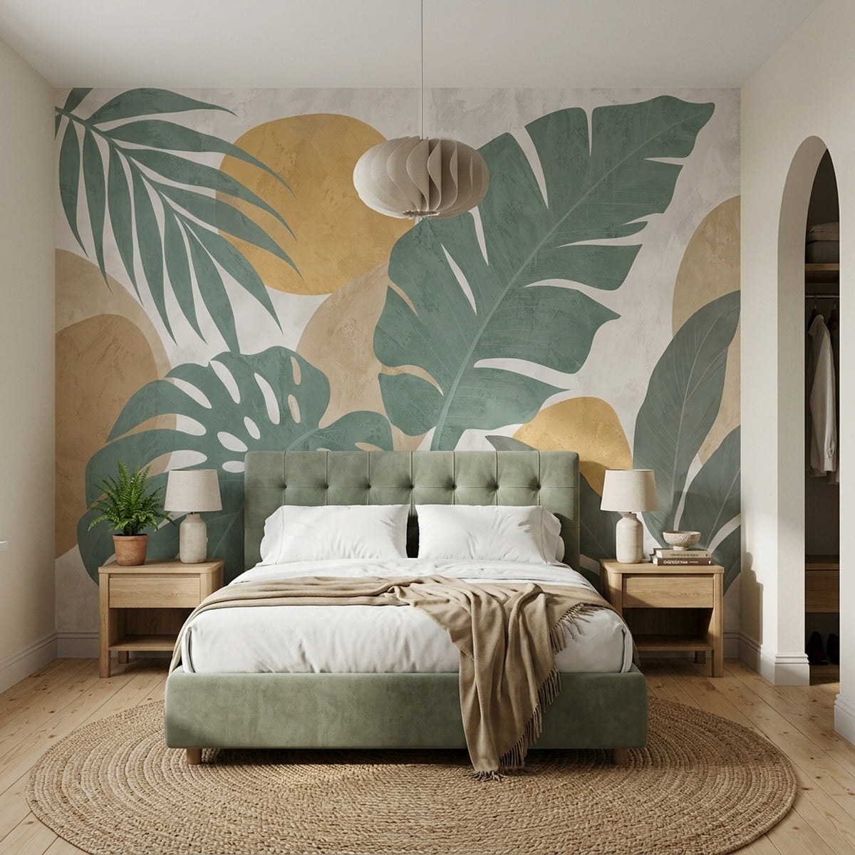 Tropical Leaves Wallpaper Sage Green Botanical Wall Mural