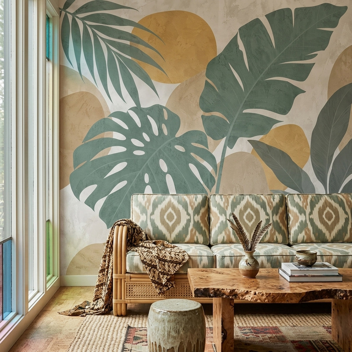 Tropical Leaves Wallpaper Sage Green Botanical Wall Mural