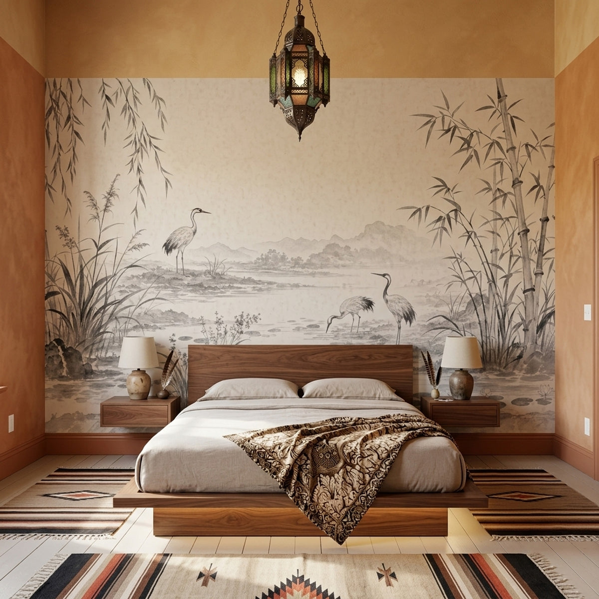 Bamboo Cranes Pond Wallpaper Ink Wash Wall Mural