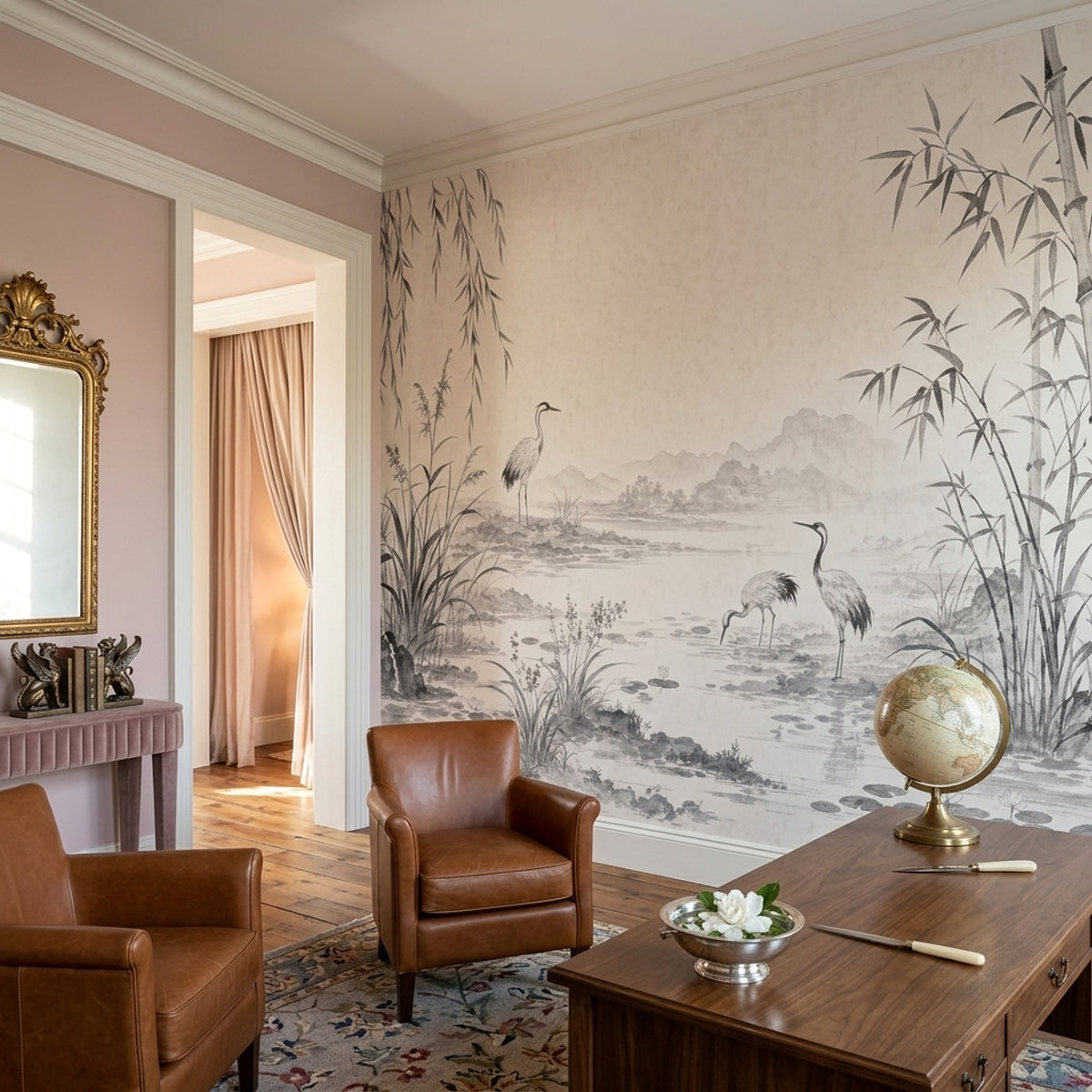 Bamboo Cranes Pond Wallpaper Ink Wash Wall Mural