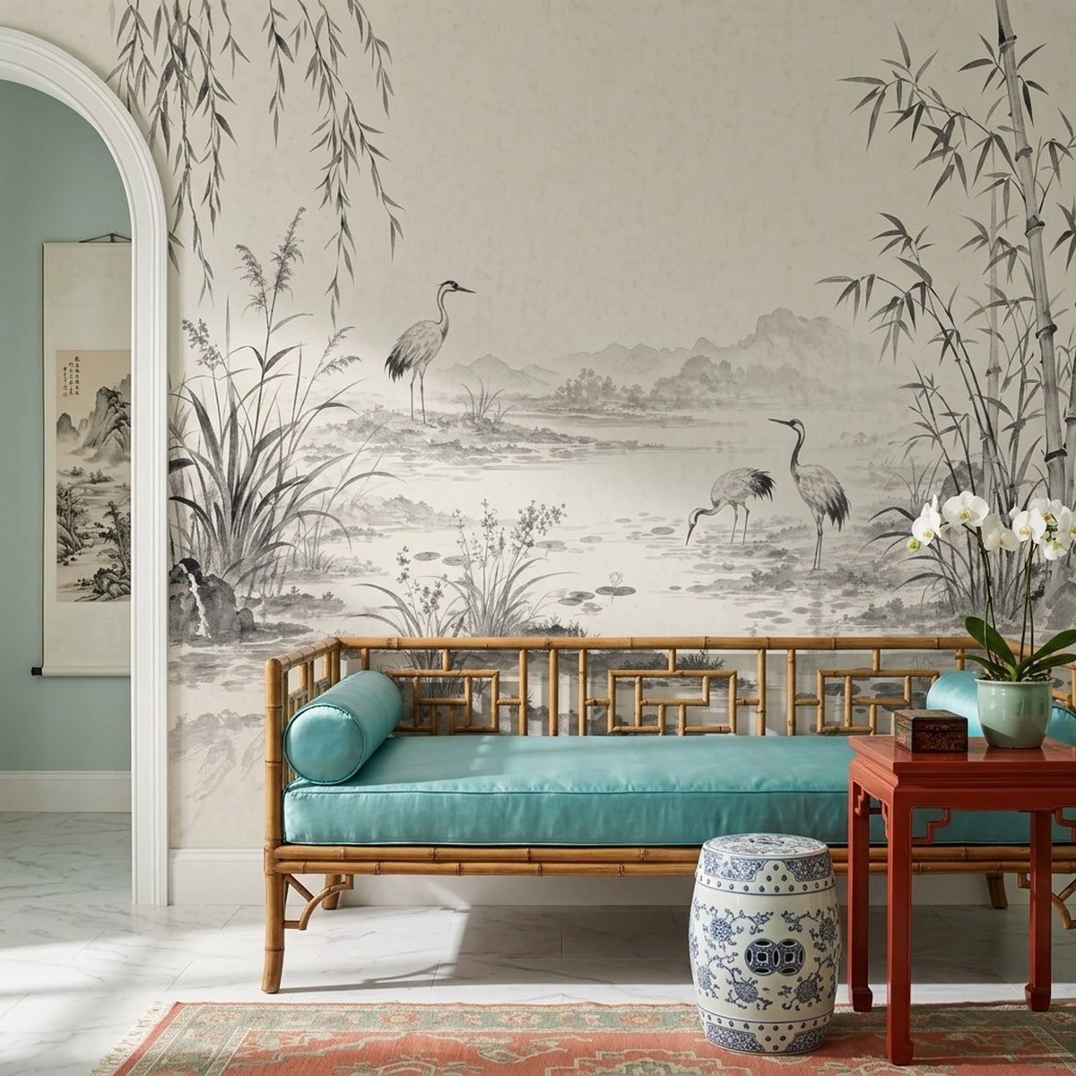 Bamboo Cranes Pond Wallpaper Ink Wash Wall Mural
