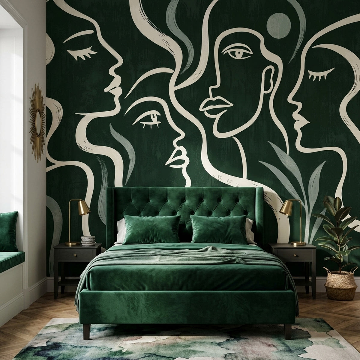 Line Art Faces Wallpaper Forest Green Wall Mural