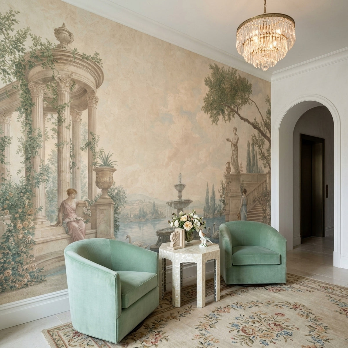 Neoclassical Temple Garden Wallpaper Vintage Landscape Wall Mural