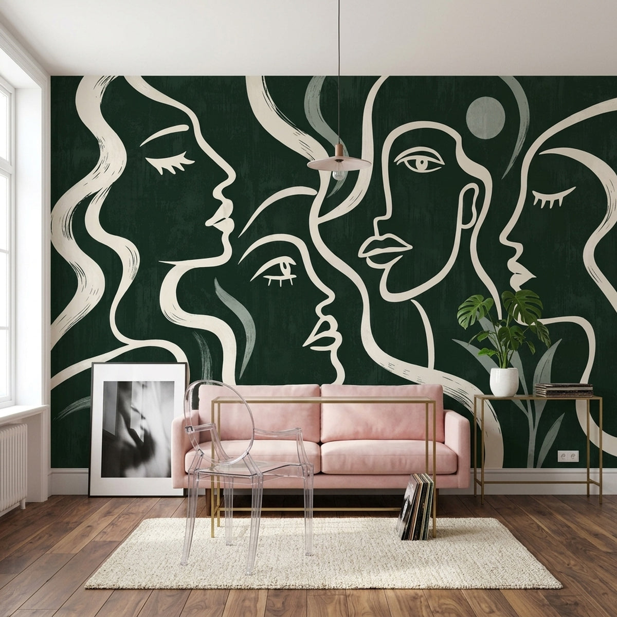 Line Art Faces Wallpaper Forest Green Wall Mural