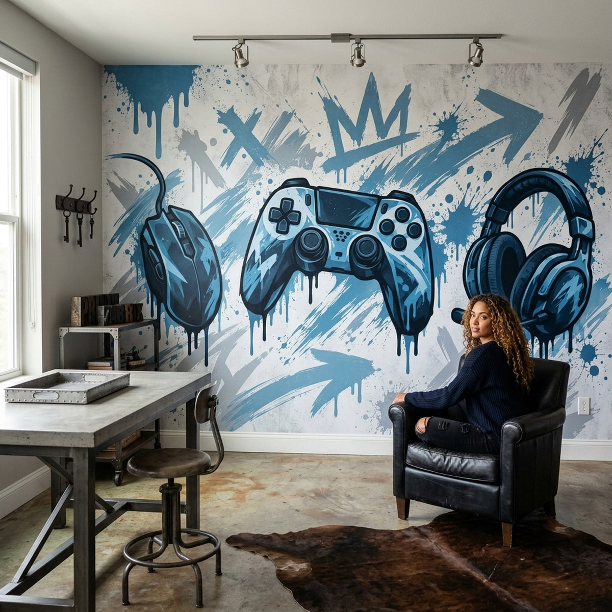 Graffiti Gaming Setup Wallpaper Blue Urban Wall Mural