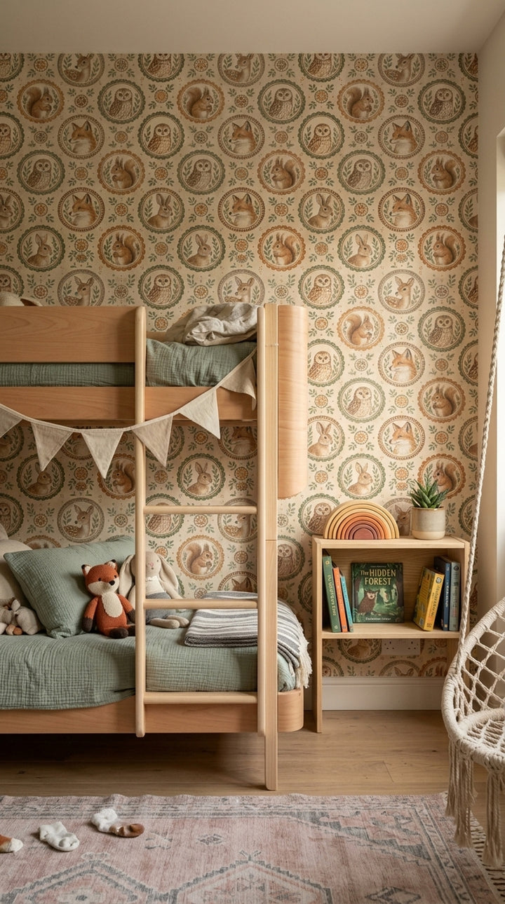 Woodland Animals Wallpaper Watercolor Medallions On Beige Background