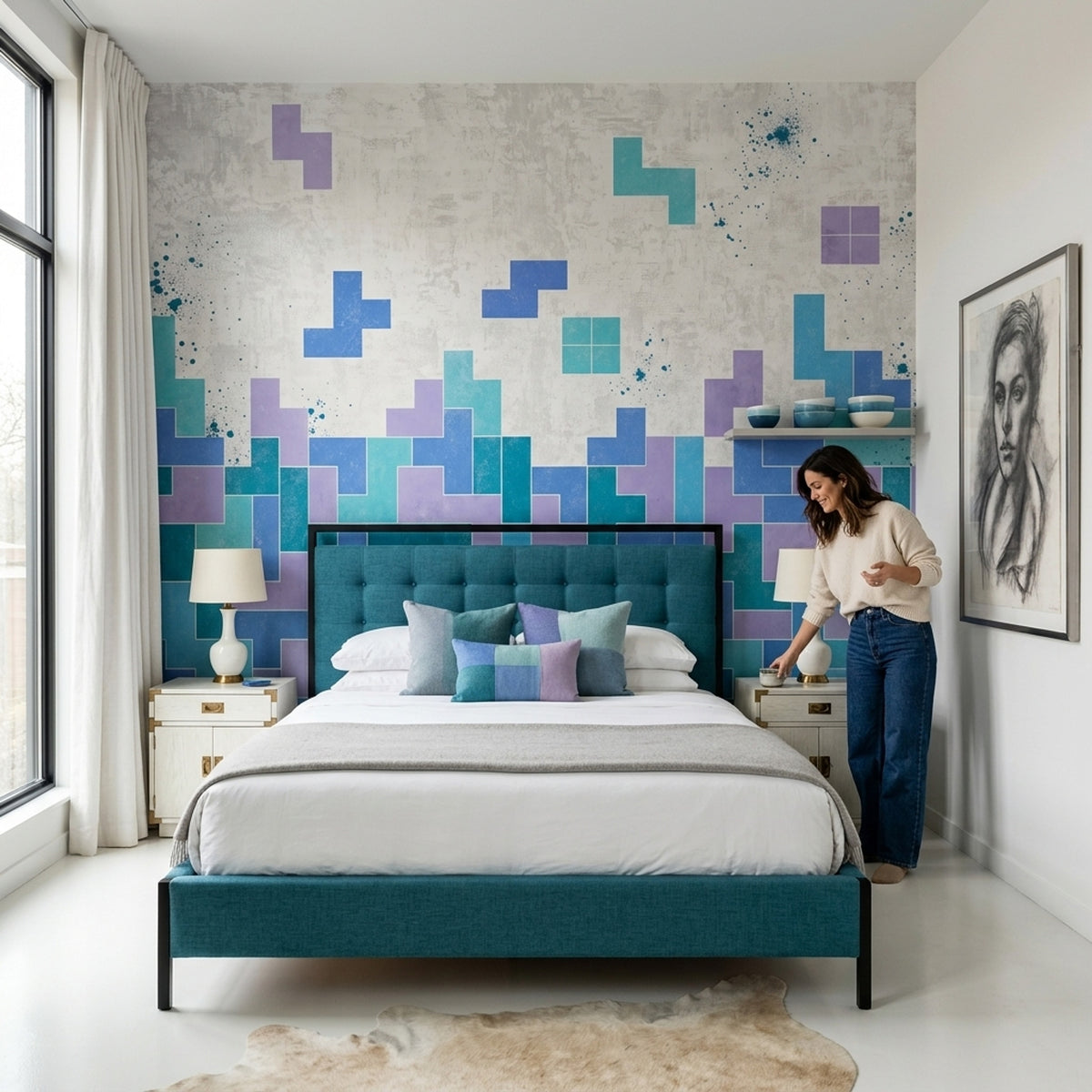 Geometric Blocks Wallpaper Teal Blue Abstract Wall Mural