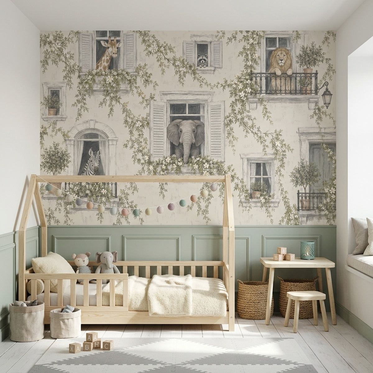 Safari Animals At Shuttered Windows Wallpaper European Villa Wall Mural
