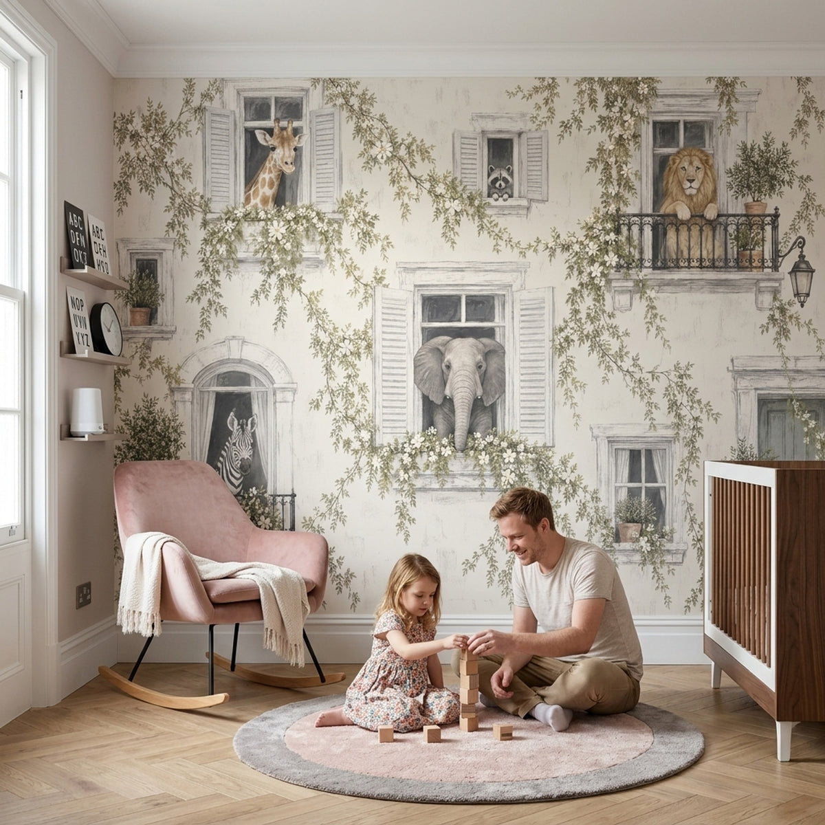 Safari Animals At Shuttered Windows Wallpaper European Villa Wall Mural