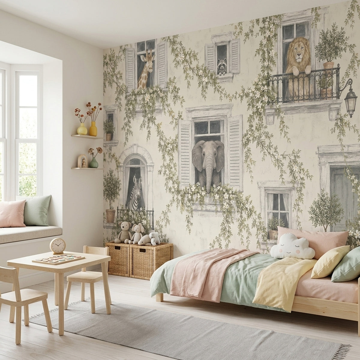 Safari Animals At Shuttered Windows Wallpaper European Villa Wall Mural