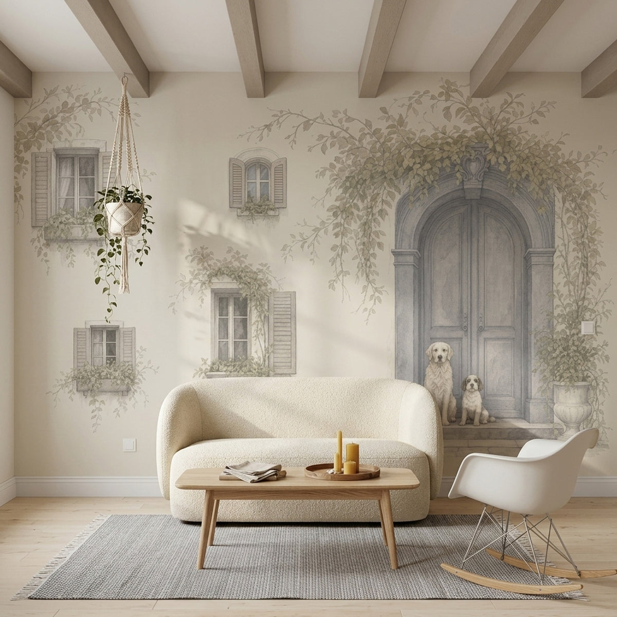 Arched Doorway Dogs Wallpaper Watercolor Facade Wall Mural