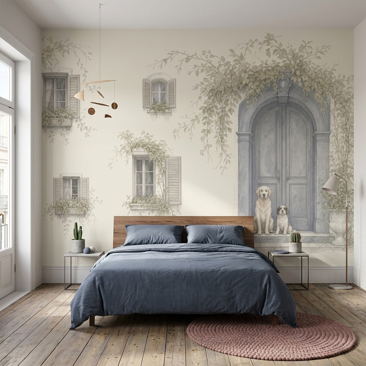 Arched Doorway Dogs Wallpaper Watercolor Facade Wall Mural