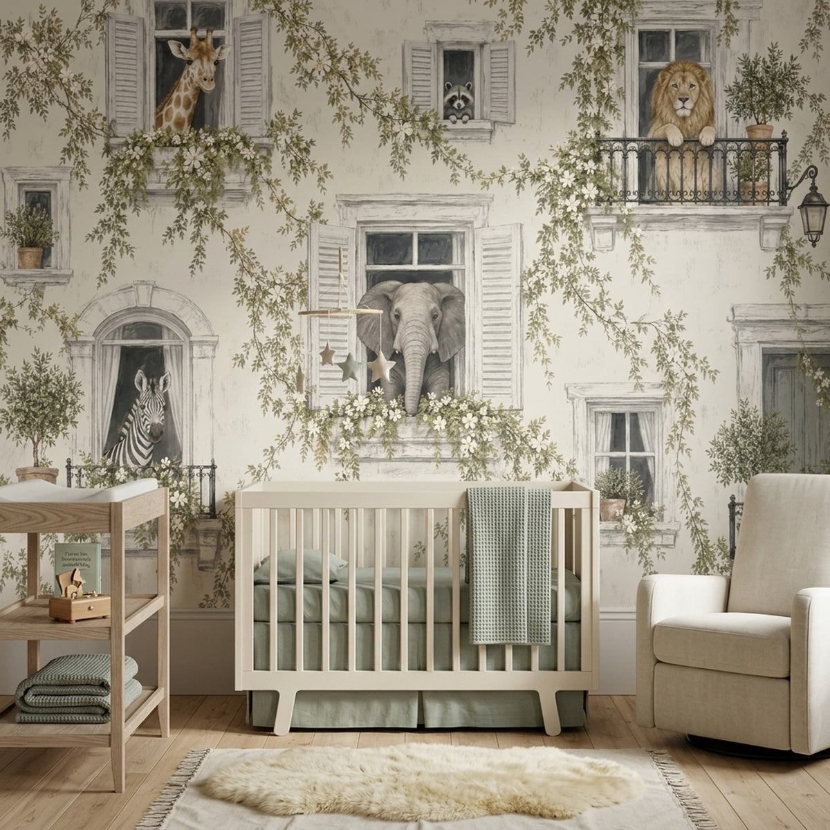 Safari Animals At Shuttered Windows Wallpaper European Villa Wall Mural