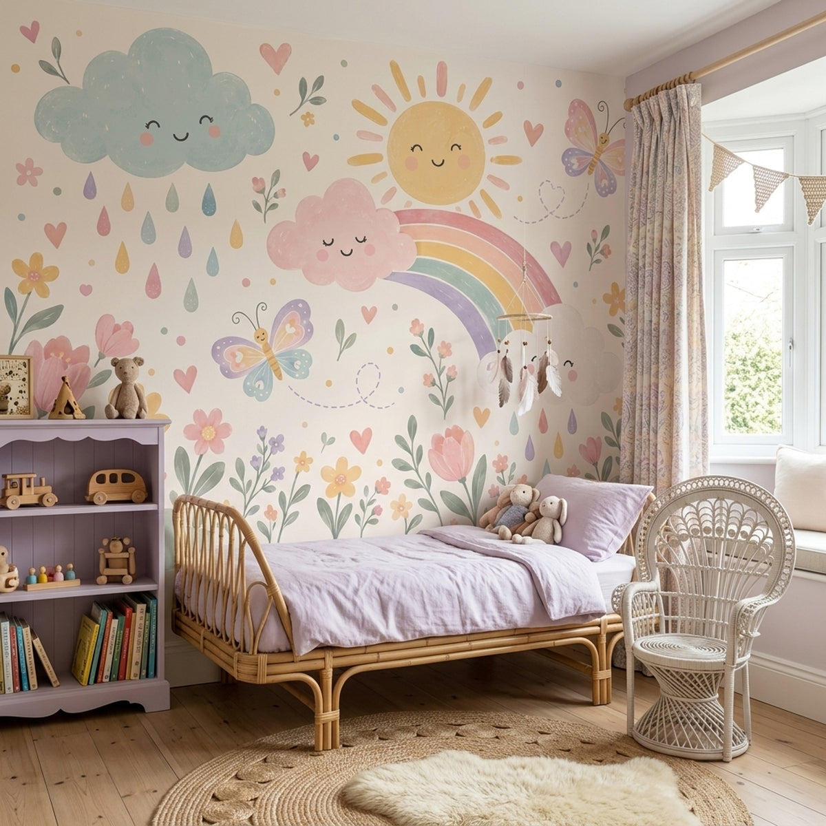 Smiling Clouds Rainbow Wallpaper Pastel Nursery Wall Mural