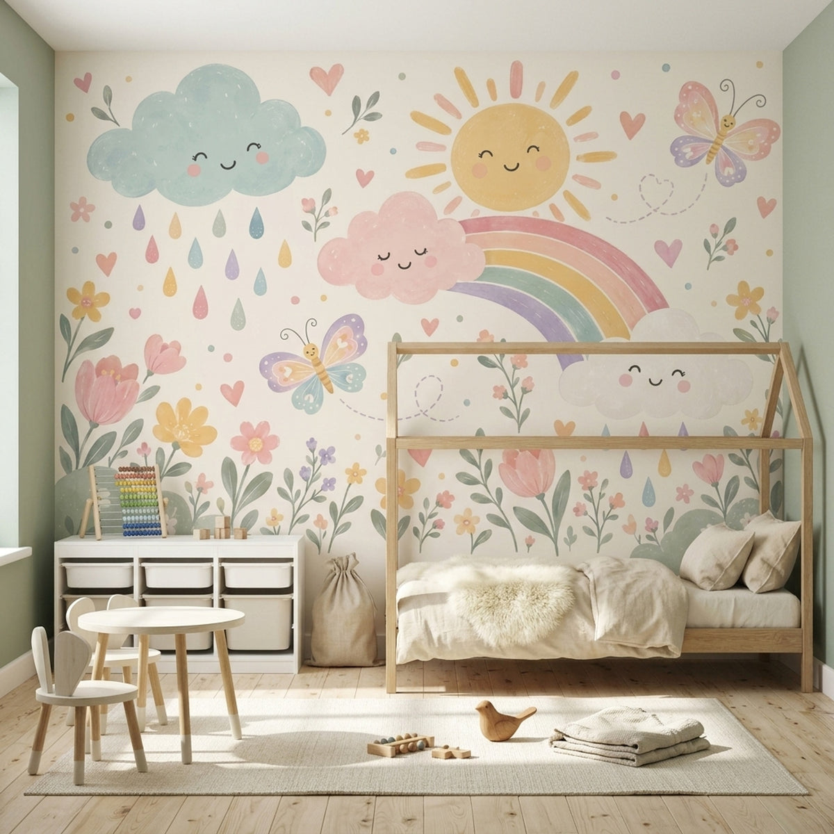 Smiling Clouds Rainbow Wallpaper Pastel Nursery Wall Mural