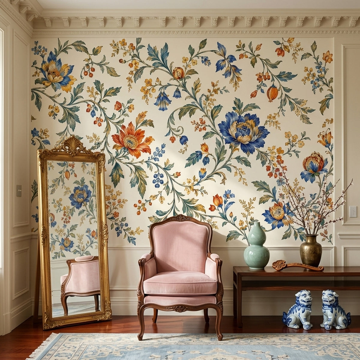 Vintage Botanical Flowers Wallpaper Muted Green Chinoiserie Wall Mural