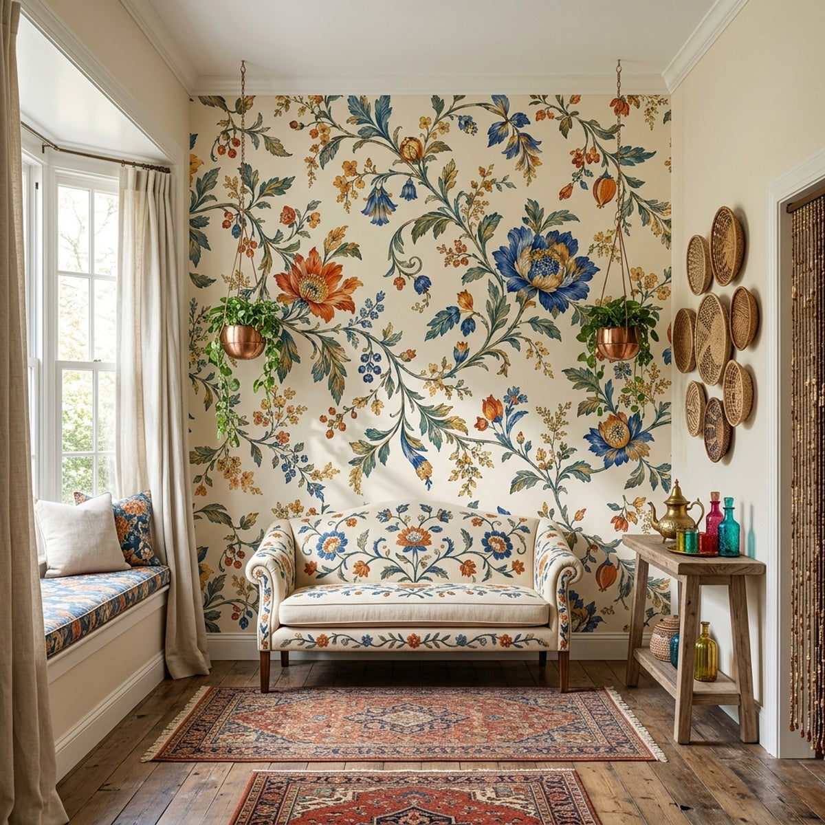 Vintage Botanical Flowers Wallpaper Muted Green Chinoiserie Wall Mural
