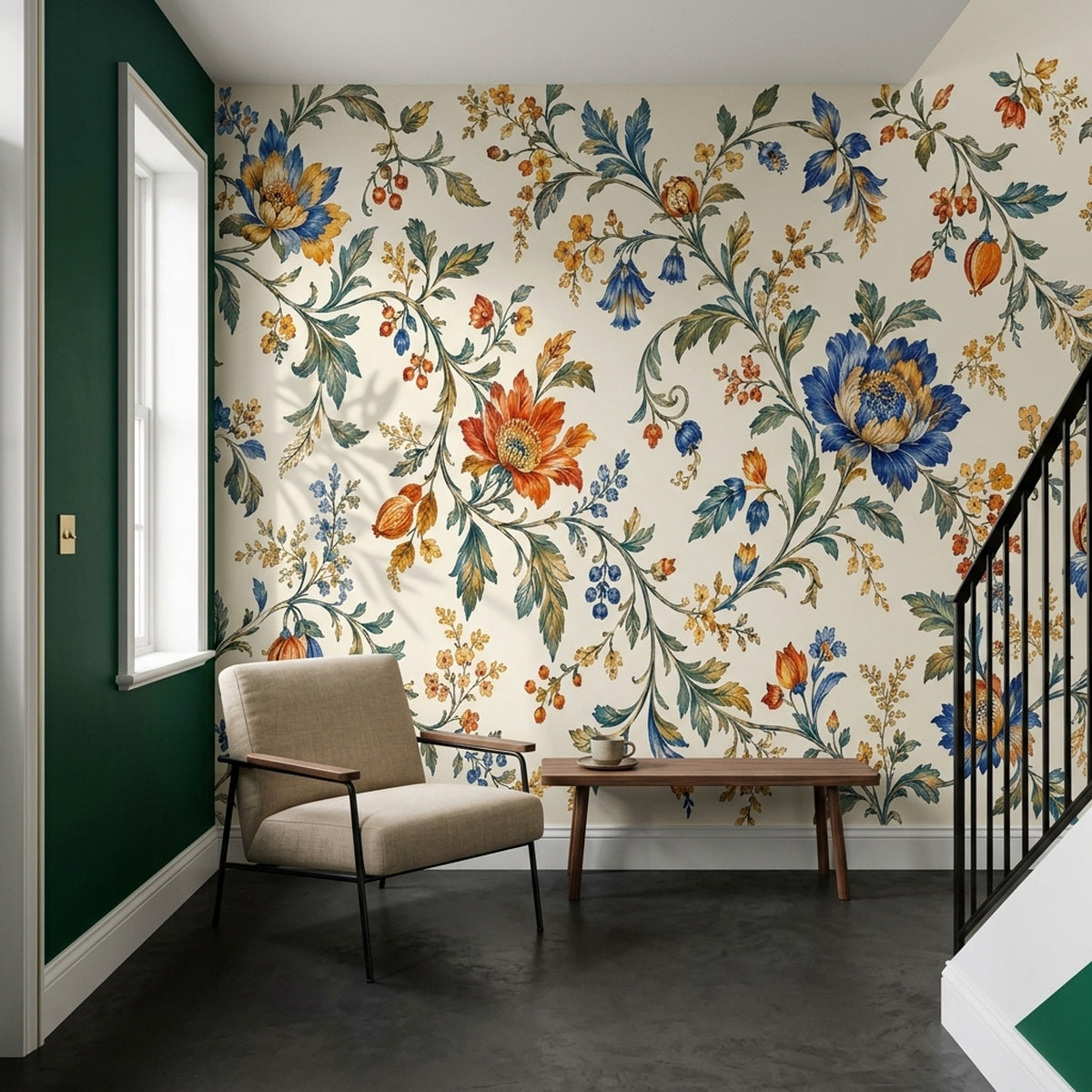 Vintage Botanical Flowers Wallpaper Muted Green Chinoiserie Wall Mural