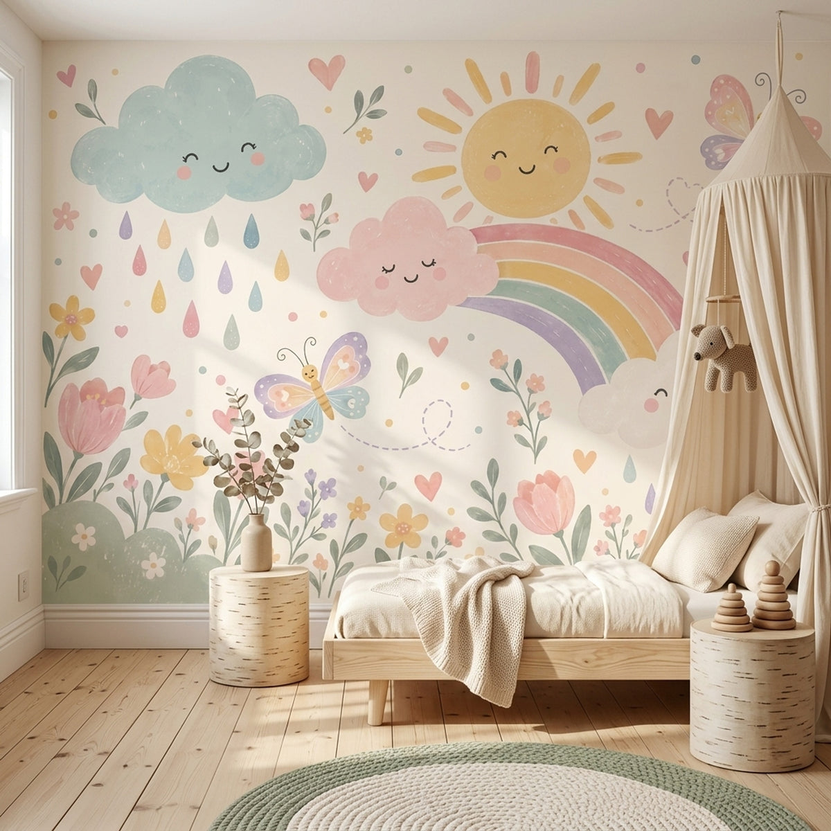 Smiling Clouds Rainbow Wallpaper Pastel Nursery Wall Mural