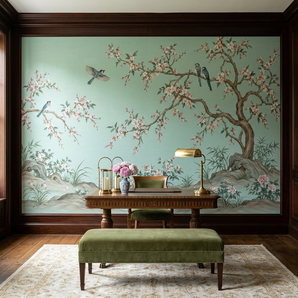 Blossom Tree And Birds Wallpaper Mint Green Chinoiserie Wall Mural