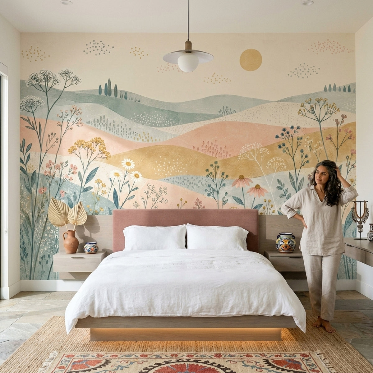 Wildflower Meadow Wallpaper Pastoral Landscape Wall Mural