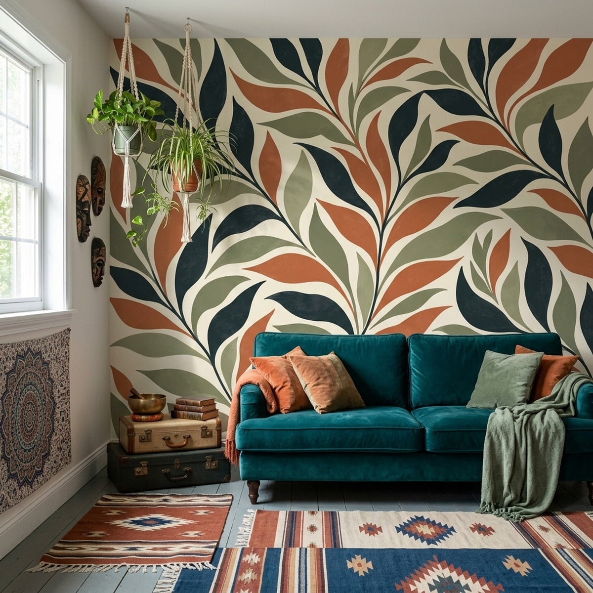 Stylized Botanical Leaves Wallpaper Retro Vines Wall Mural