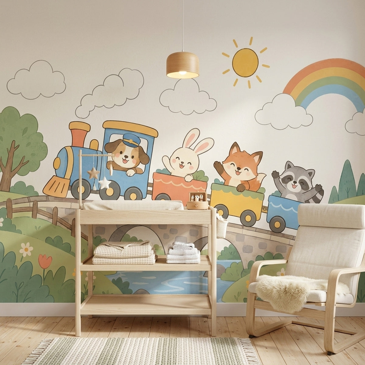 Cute Animal Train Wallpaper Pastel Storybook Wall Mural