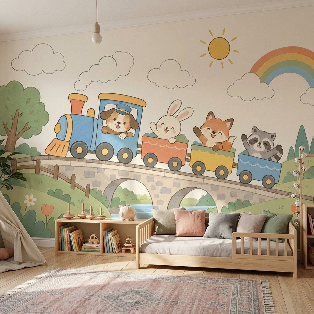 Cute Animal Train Wallpaper Pastel Storybook Wall Mural