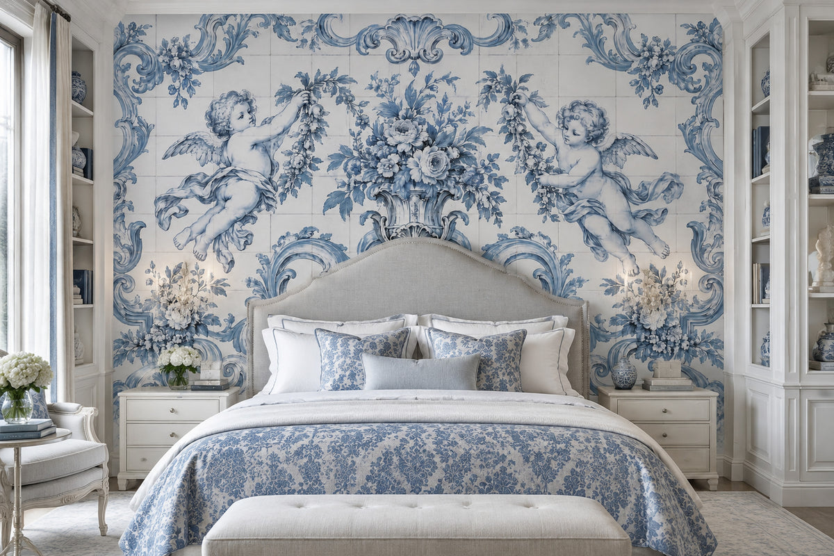 Blue And White Cherubs Wallpaper Rococo Tile Wall Mural