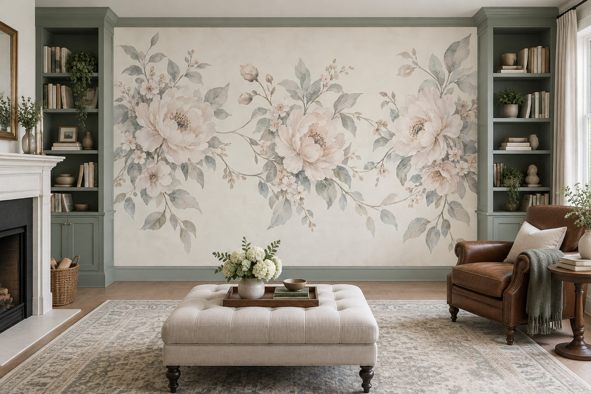 Watercolor Peonies Wallpaper Ivory Botanical Wall Mural