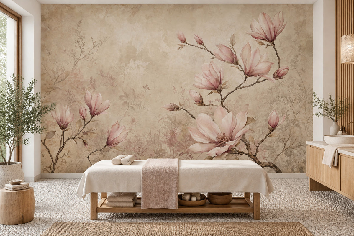 Soft Pink Magnolia Wallpaper Vintage Botanical Wall Mural