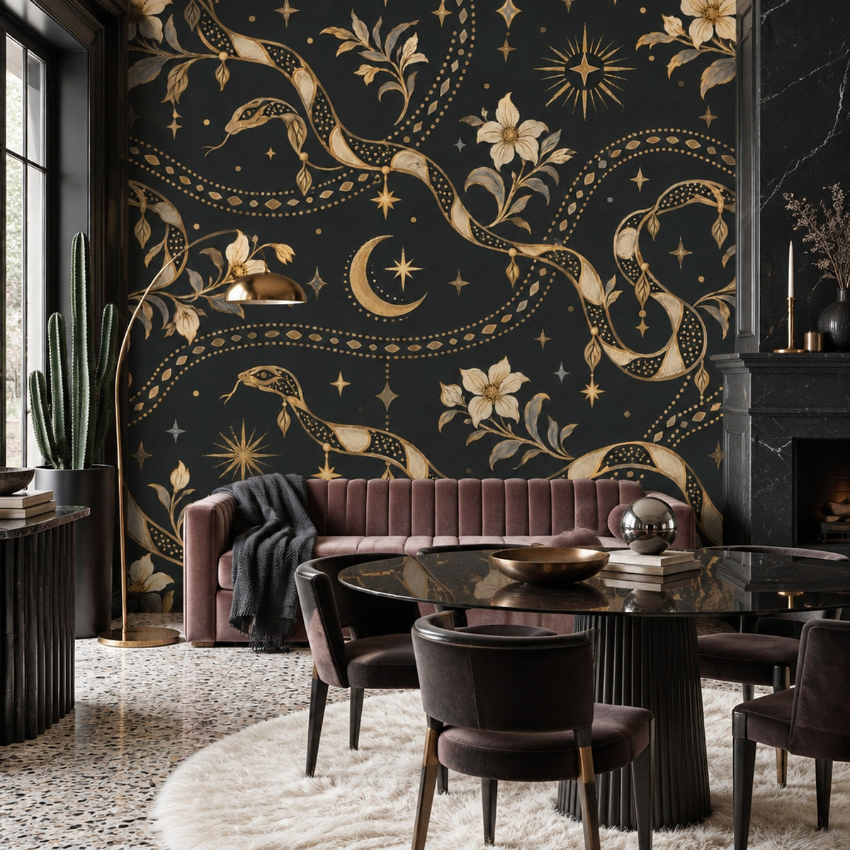 Gold Snakes And Crescent Moon Wallpaper Ornate Celestial Wall Mural