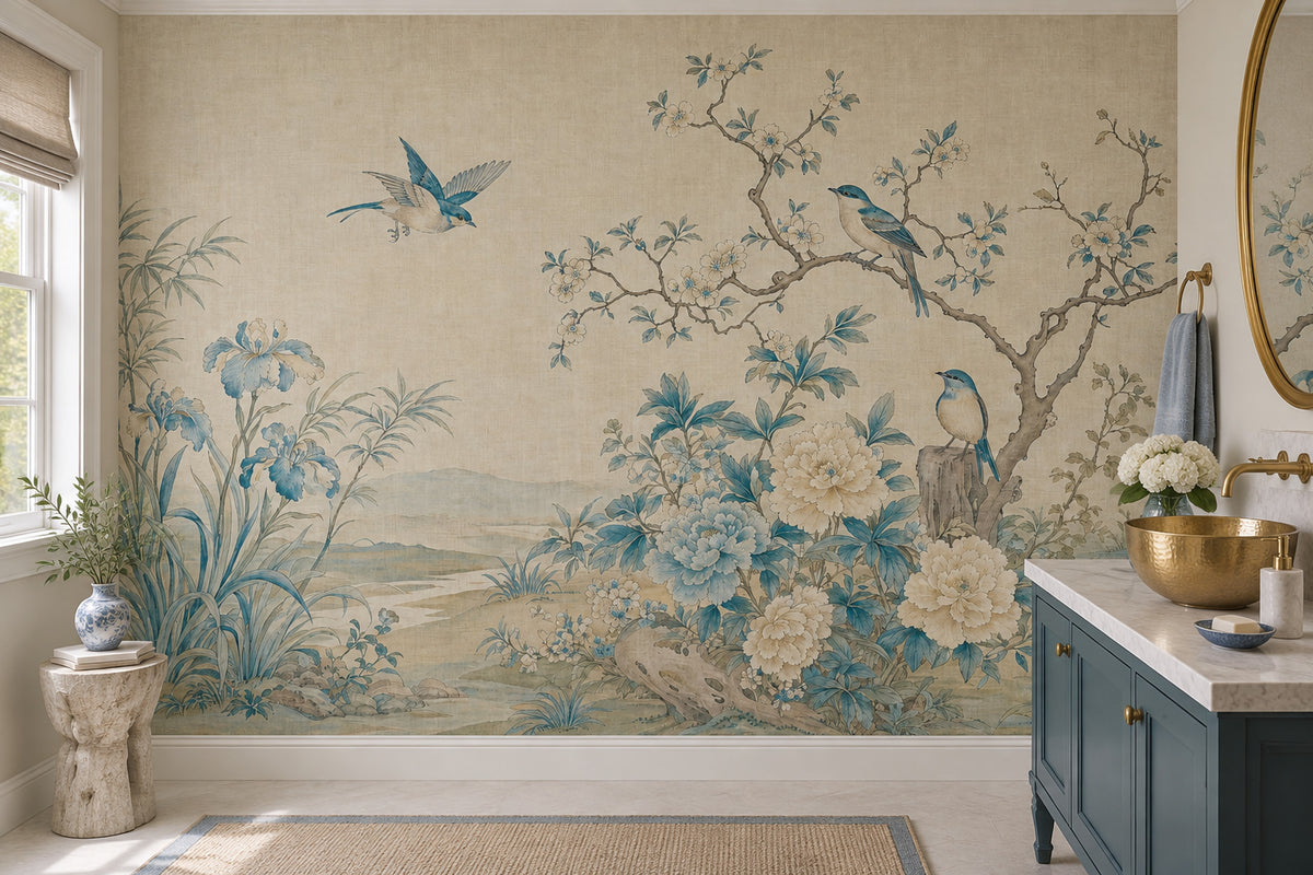 Chinoiserie Birds And Blue Blossoms Wallpaper Beige Landscape Wall Mural