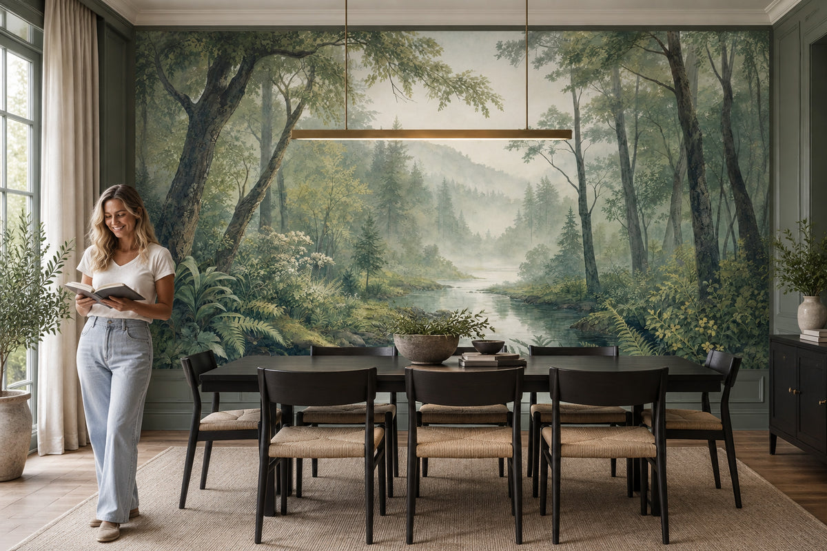 Misty Forest River Wallpaper Watercolor Landscape Wall Mural