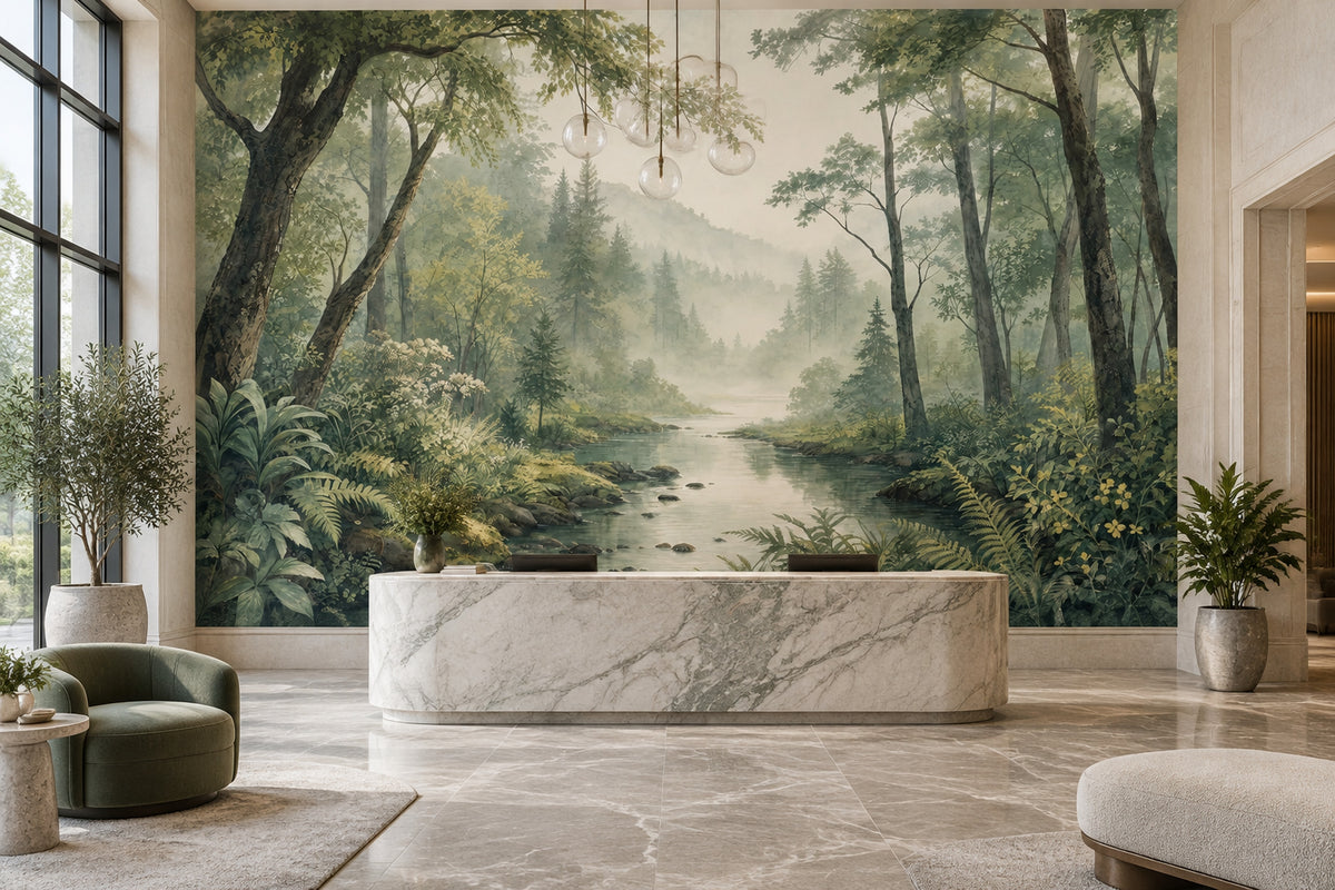 Misty Forest River Wallpaper Watercolor Landscape Wall Mural
